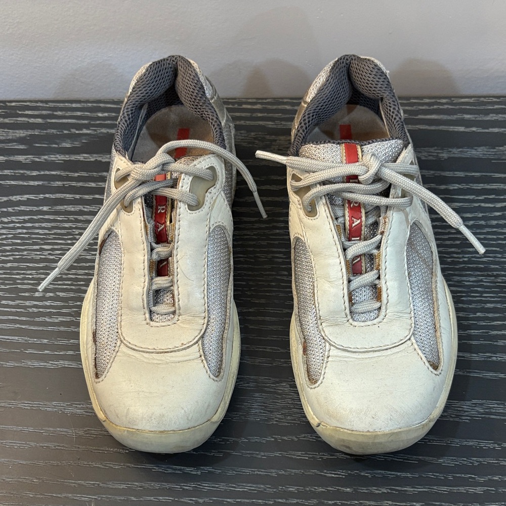 Prada America’s Cup White and Gray Sneakers with Red Accents